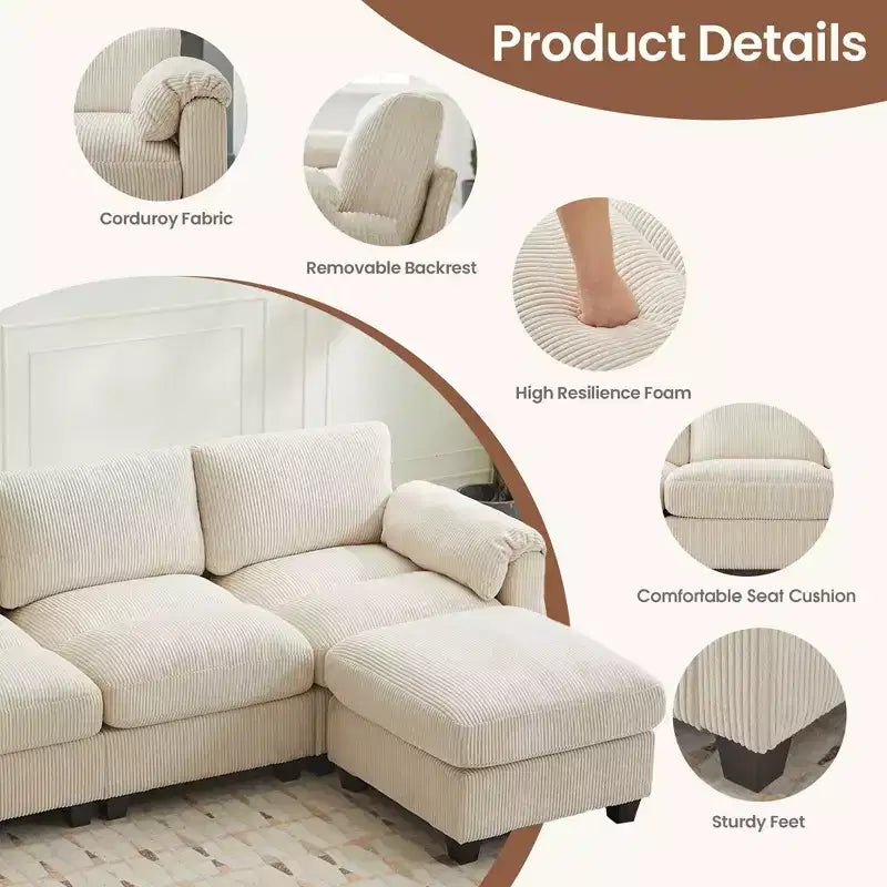 Hyleory 115 Corduroy Oversized Modular Sectional Sofa, U Shaped Couch with Movable Ottoman, Large 7 Seater Corner Sofa for Living Room