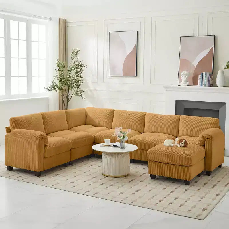 Hyleory 115 Corduroy Oversized Modular Sectional Sofa, U Shaped Couch with Movable Ottoman, Large 7 Seater Corner Sofa for Living Room