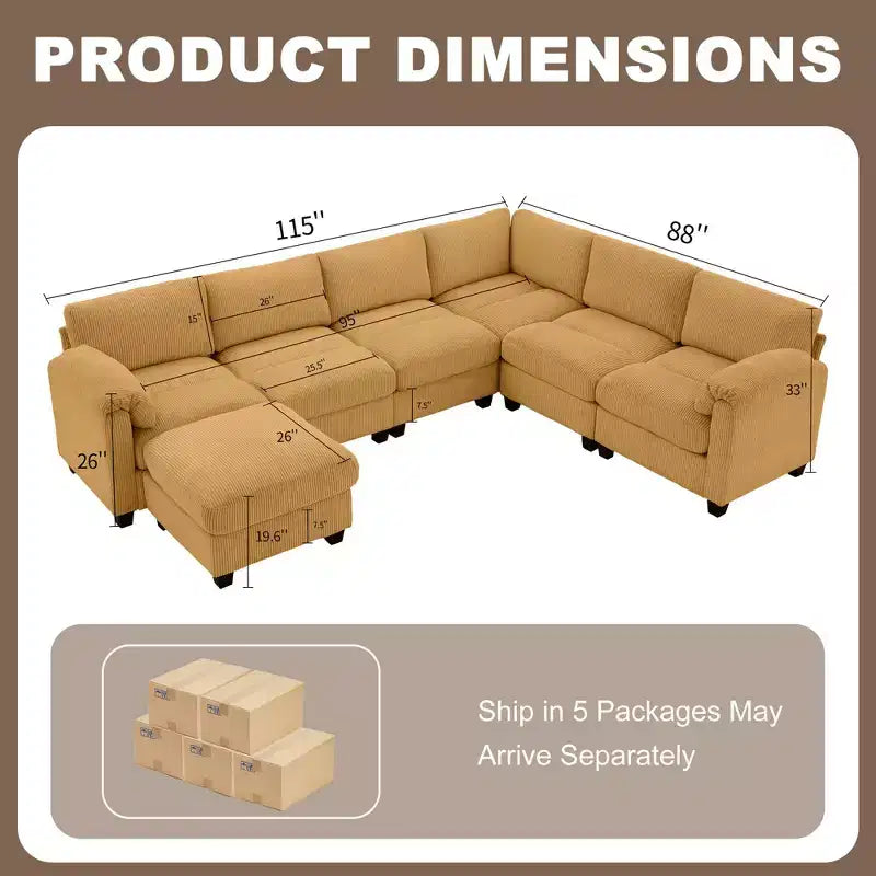 Hyleory 115 Corduroy Oversized Modular Sectional Sofa, U Shaped Couch with Movable Ottoman, Large 7 Seater Corner Sofa for Living Room