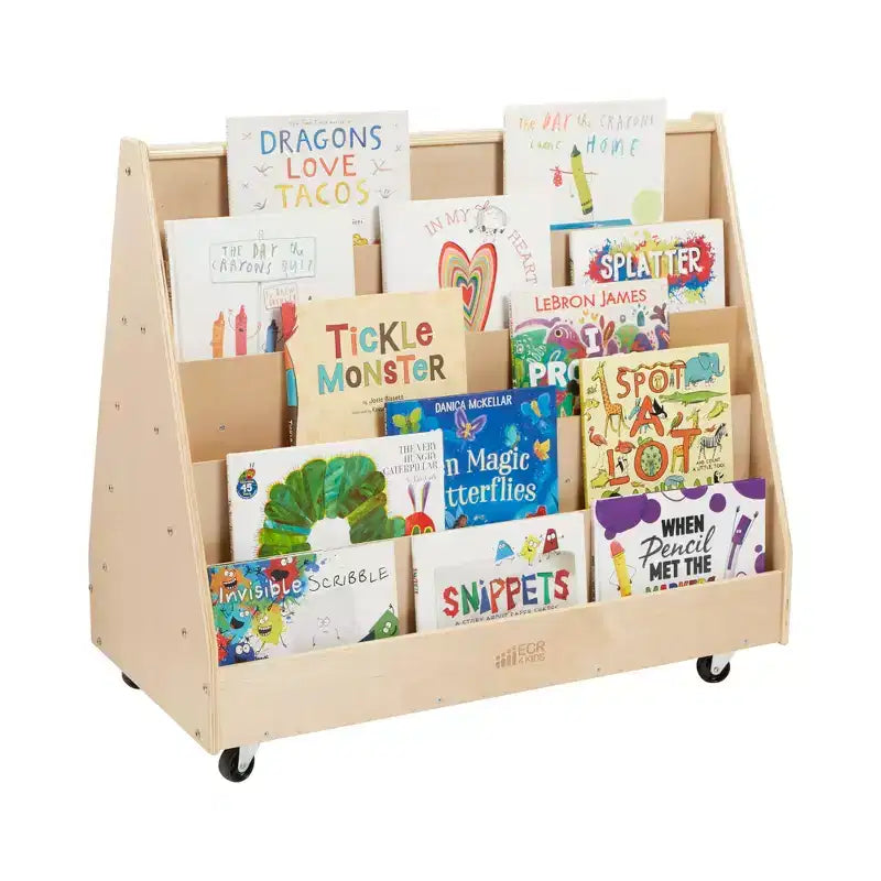 ECR4Kids Double-Sided Wooden Mobile Book Display and Storage, Montessori Furniture