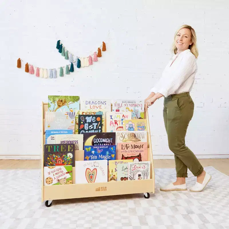 ECR4Kids Double-Sided Wooden Mobile Book Display and Storage, Montessori Furniture