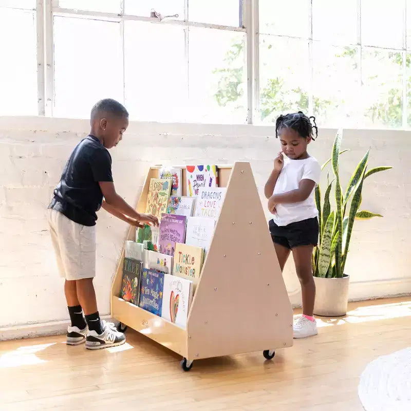 ECR4Kids Double-Sided Wooden Mobile Book Display and Storage, Montessori Furniture