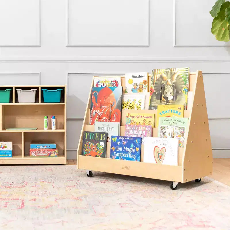 ECR4Kids Double-Sided Wooden Mobile Book Display and Storage, Montessori Furniture