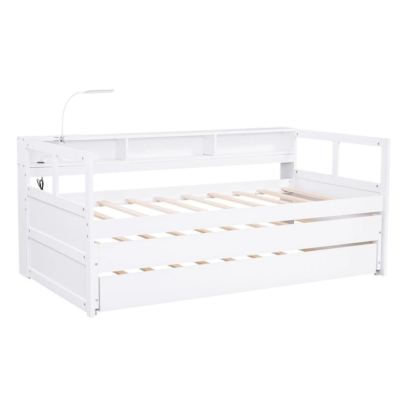 Twin XL Wood Daybed with 2 Trundles, 3 Storage Cubbies, 1 Light for Free and USB Charging Design, Gray