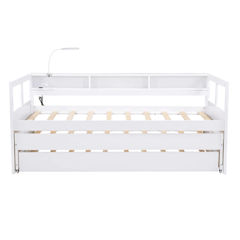 Twin XL Wood Daybed with 2 Trundles, 3 Storage Cubbies, 1 Light for Free and USB Charging Design, Gray