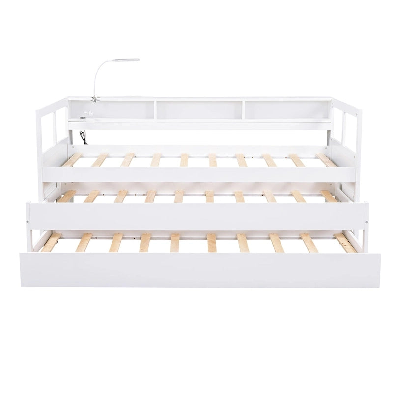 Twin XL Wood Daybed with 2 Trundles, 3 Storage Cubbies, 1 Light for Free and USB Charging Design, Gray