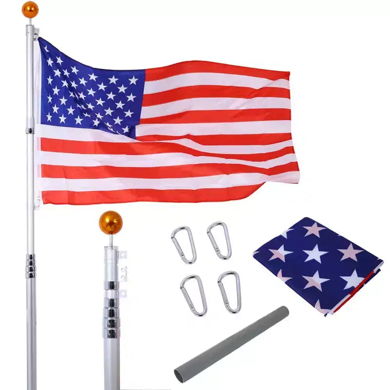 25Ft Telescopic Flag Pole Kit, Height Adjustable Heavy Duty Aluminum Flagpoles With American Flags & Top Ball, Outdoor In Ground Flagpole