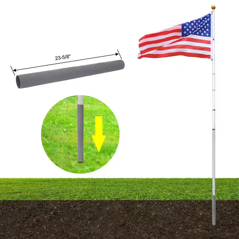 25Ft Telescopic Flag Pole Kit, Height Adjustable Heavy Duty Aluminum Flagpoles With American Flags & Top Ball, Outdoor In Ground Flagpole