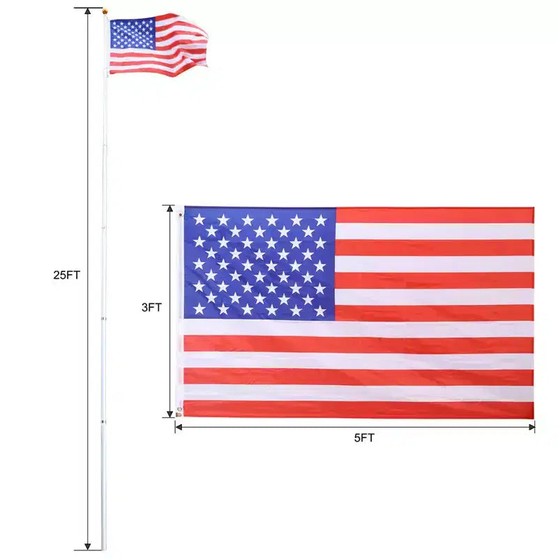 25Ft Telescopic Flag Pole Kit, Height Adjustable Heavy Duty Aluminum Flagpoles With American Flags & Top Ball, Outdoor In Ground Flagpole