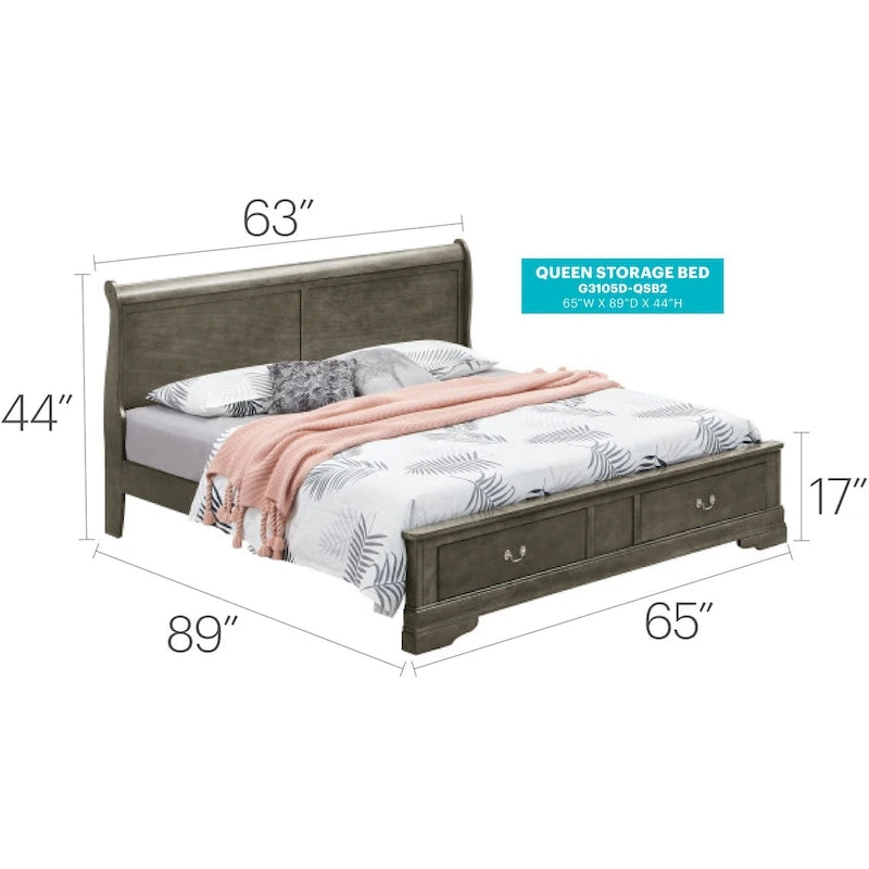 Louis Philippe Queen Storage Sleigh Wood Bed