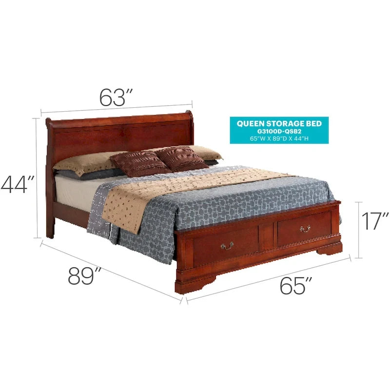 Louis Philippe Queen Storage Sleigh Wood Bed
