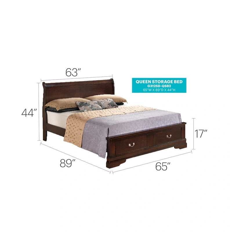Louis Philippe Queen Storage Sleigh Wood Bed