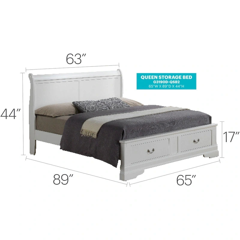 Louis Philippe Queen Storage Sleigh Wood Bed