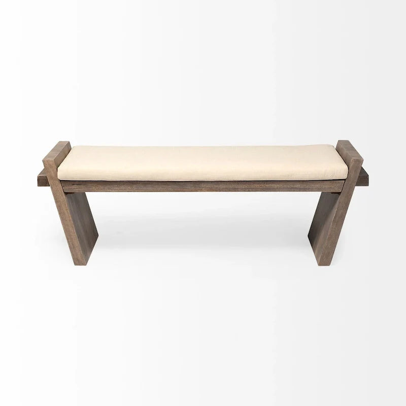 Elaine I Cream Fabric Seat w/ Brown Wood Entryway Bench - 58W x 15D x 20H