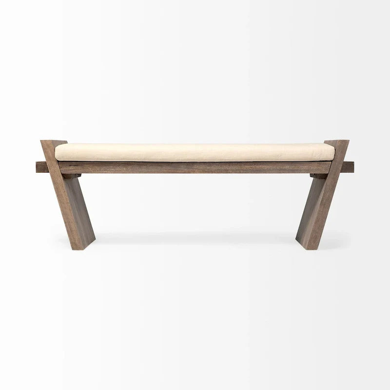 Elaine I Cream Fabric Seat w/ Brown Wood Entryway Bench - 58W x 15D x 20H