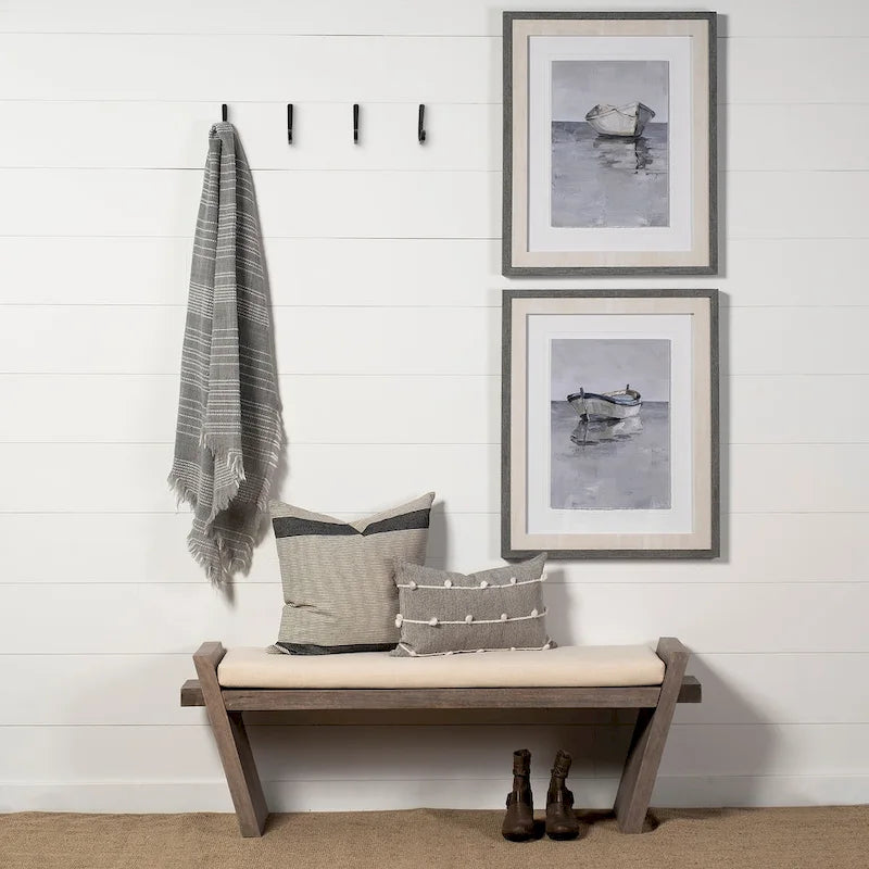 Elaine I Cream Fabric Seat w/ Brown Wood Entryway Bench - 58W x 15D x 20H