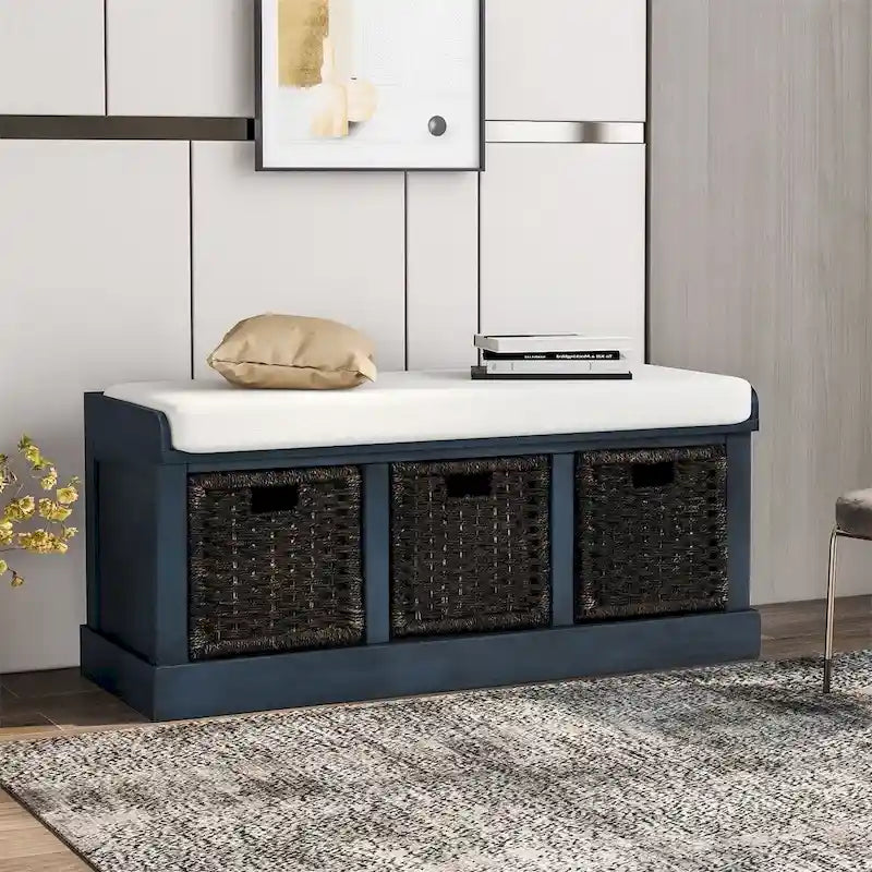 Merax Entryway Storage Bench with 3 Removable Baskets and Cushion