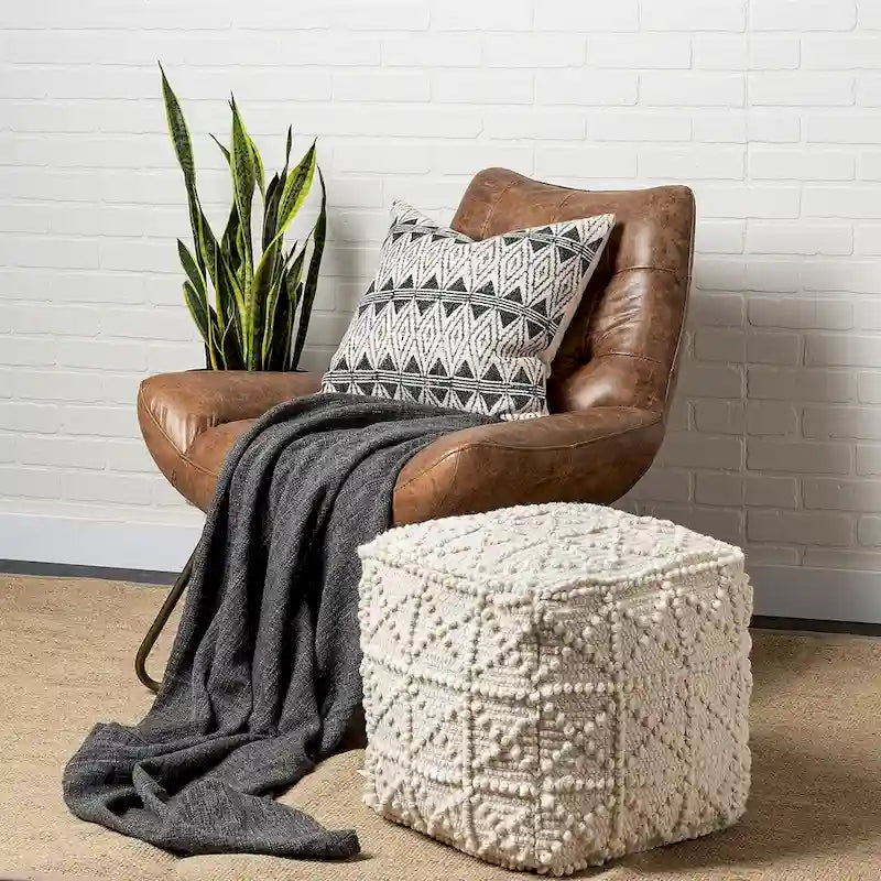Leroy Square Cream Wool Pouf w/ Popcorn Detail