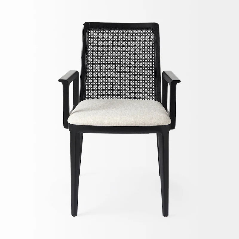 Clara Cream Fabric Seat with Cane Back and Light Brown Solid Wood Frame Dining Chair