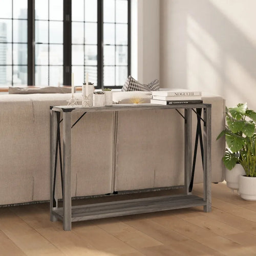 2-Tier Console Table with Metal Side Braces and Corner Caps