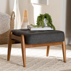 Jeanine Japandi Dark Grey Fabric and Walnut Brown Finished Wood Ottoman Footstool