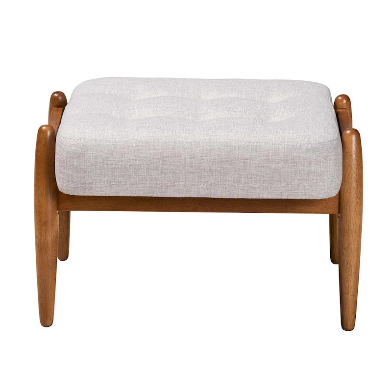 Jeanine Japandi Dark Grey Fabric and Walnut Brown Finished Wood Ottoman Footstool