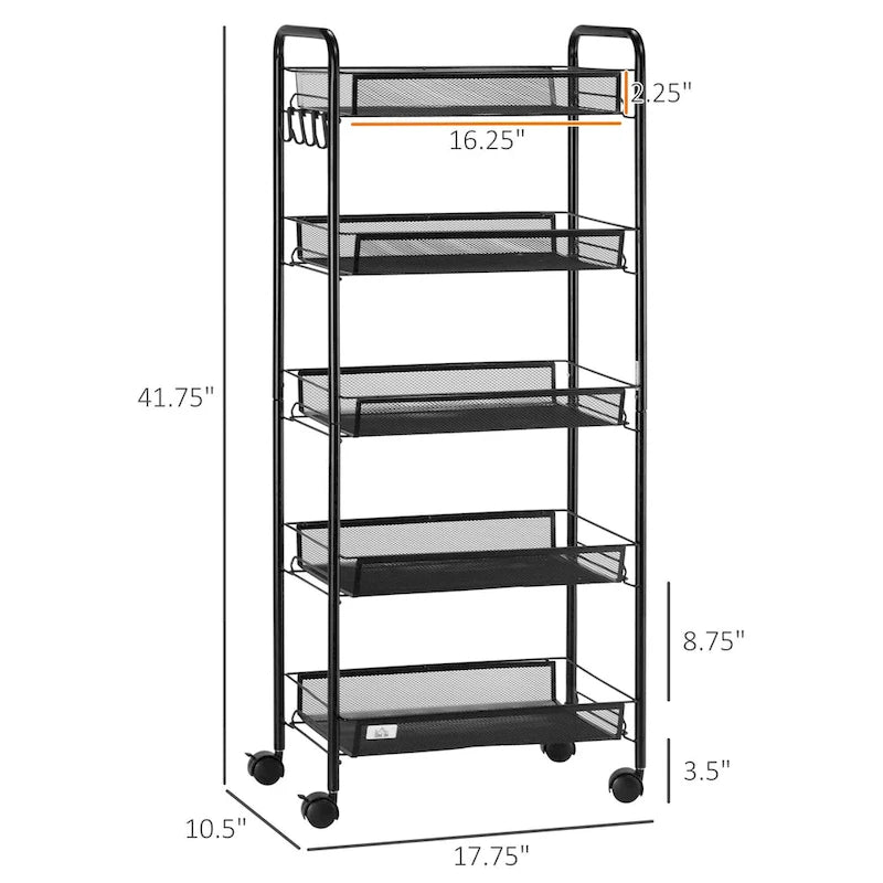 HOMCOM 5 Tier Utility Rolling Cart, Metal Storage Cart, Kitchen Cart with Removable Mesh Baskets, Black