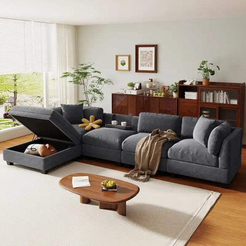Modular Sofa with Removable Storage Ottoman, 2 Hidden Cup Holders