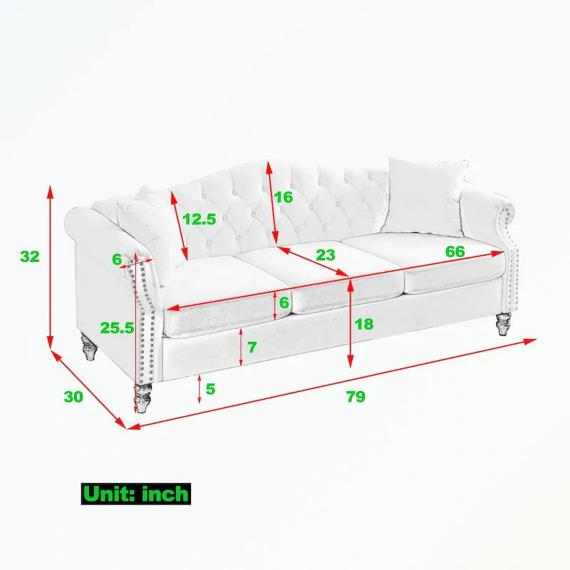 3 Seater Sofa Tufted Couch with Rolled Arms and Nailhead