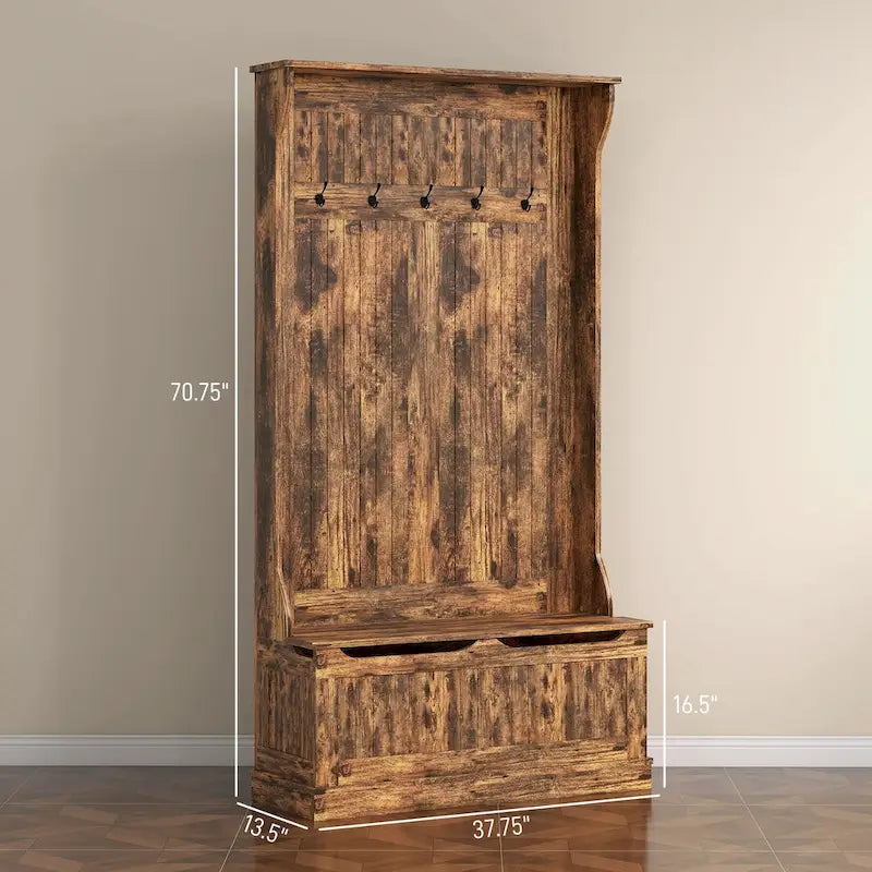 HOMCOM 38 3-In-1 Entryway Hall Tree with Storage Bench, Coat Rack with Four Hooks and Shoe Storage, Black