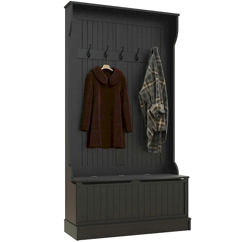 HOMCOM 38 3-In-1 Entryway Hall Tree with Storage Bench, Coat Rack with Four Hooks and Shoe Storage, Black