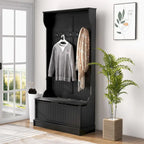 HOMCOM 38 3-In-1 Entryway Hall Tree with Storage Bench, Coat Rack with Four Hooks and Shoe Storage, Black