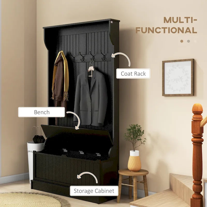 HOMCOM 38 3-In-1 Entryway Hall Tree with Storage Bench, Coat Rack with Four Hooks and Shoe Storage, Black