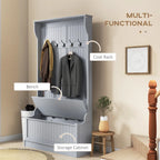 HOMCOM 38 3-In-1 Entryway Hall Tree with Storage Bench, Coat Rack with Four Hooks and Shoe Storage, Black