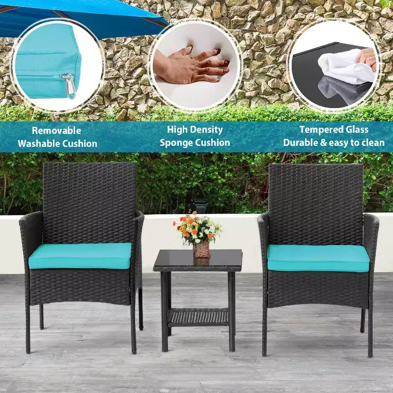 FDW 3 Piece Furniture Patio Chairs Wicker Outdoor Rattan Conversation Bistro Set for Backyard Porch Poolside Lawn