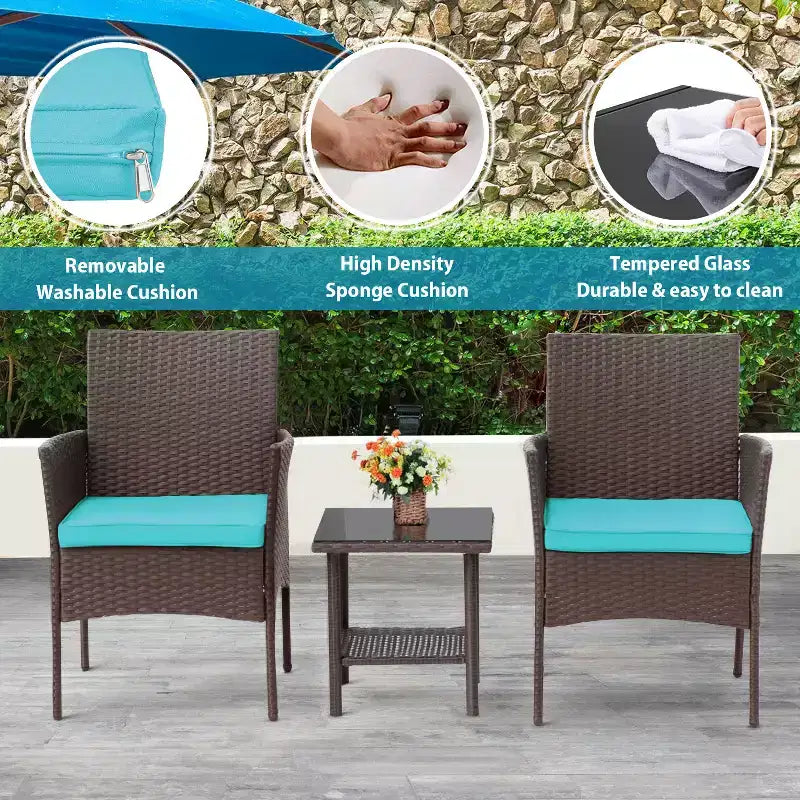 FDW 3 Piece Furniture Patio Chairs Wicker Outdoor Rattan Conversation Bistro Set for Backyard Porch Poolside Lawn
