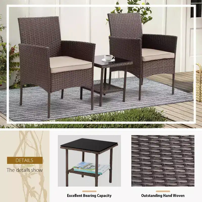 FDW 3 Piece Furniture Patio Chairs Wicker Outdoor Rattan Conversation Bistro Set for Backyard Porch Poolside Lawn