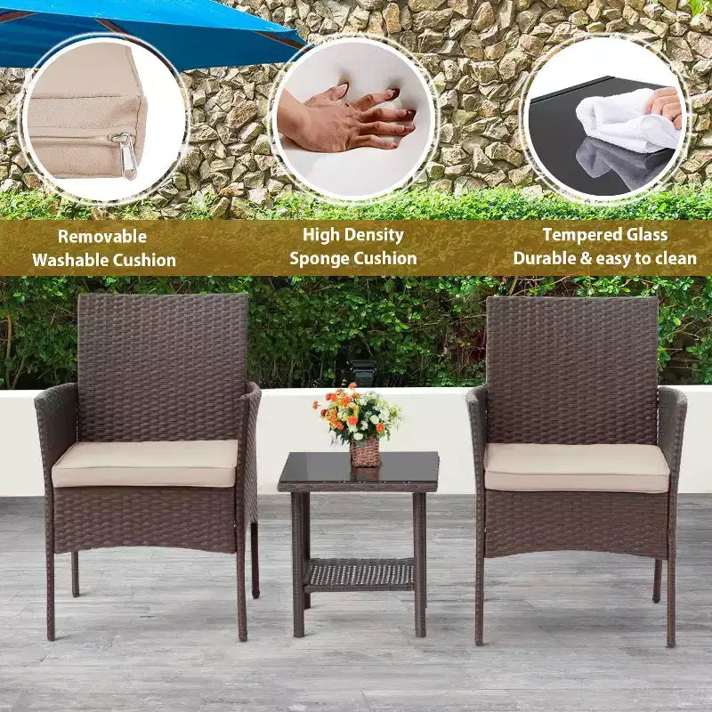 FDW 3 Piece Furniture Patio Chairs Wicker Outdoor Rattan Conversation Bistro Set for Backyard Porch Poolside Lawn