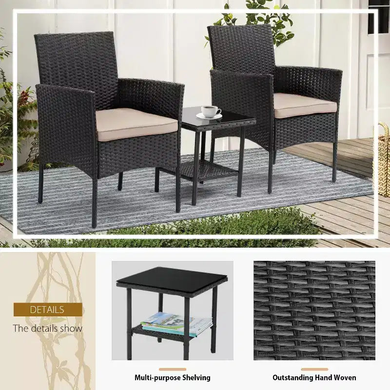 FDW 3 Piece Furniture Patio Chairs Wicker Outdoor Rattan Conversation Bistro Set for Backyard Porch Poolside Lawn