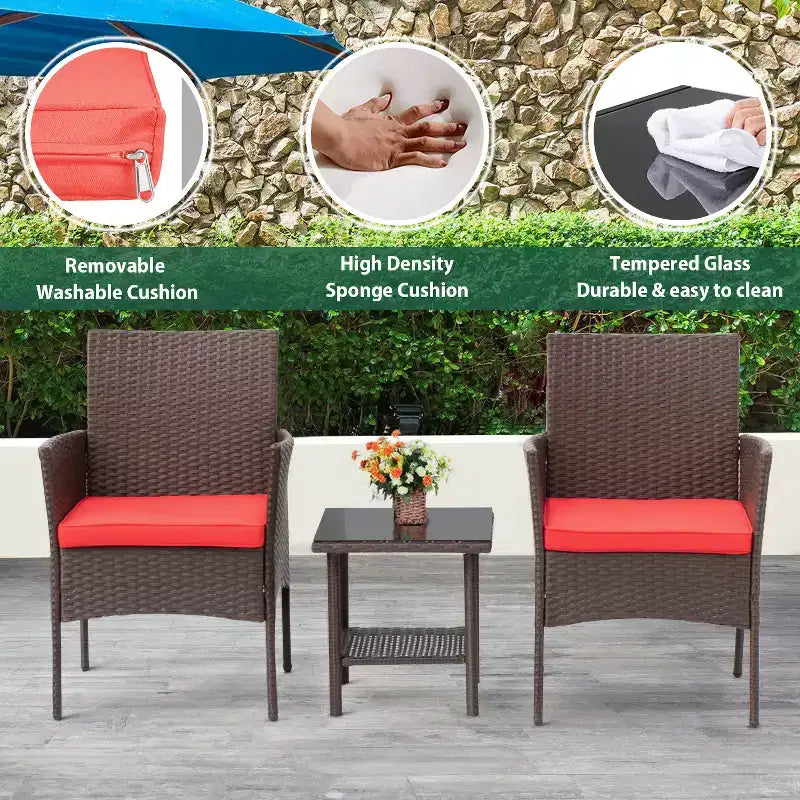 FDW 3 Piece Furniture Patio Chairs Wicker Outdoor Rattan Conversation Bistro Set for Backyard Porch Poolside Lawn