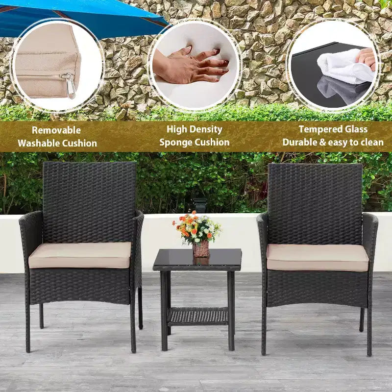 FDW 3 Piece Furniture Patio Chairs Wicker Outdoor Rattan Conversation Bistro Set for Backyard Porch Poolside Lawn
