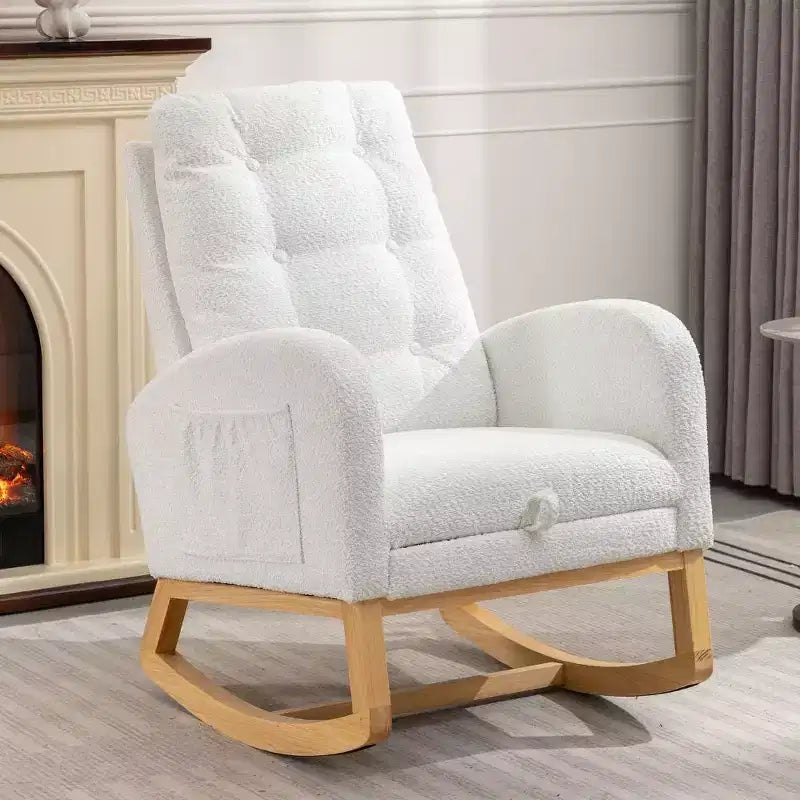 Accent Rocking Chair With Footrest, Modern High Back Lounge Chair Wood Rocking Legs, Leisure Rocking Recliner For Home Living Room Bedroom Office