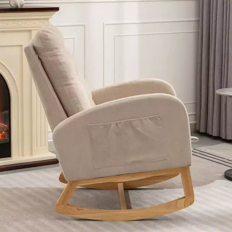 Accent Rocking Chair With Footrest, Modern High Back Lounge Chair Wood Rocking Legs, Leisure Rocking Recliner For Home Living Room Bedroom Office