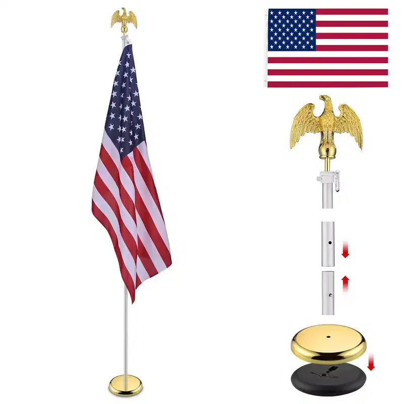 Yescom 8 Ft Sectional Indoor Flag Pole Kit Base Eagle Finial Aluminum 3x5 Ft US Flag Silver