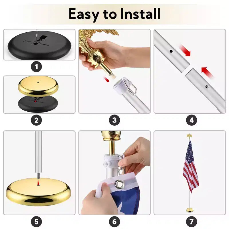 Yescom 8 Ft Sectional Indoor Flag Pole Kit Base Eagle Finial Aluminum 3x5 Ft US Flag Silver