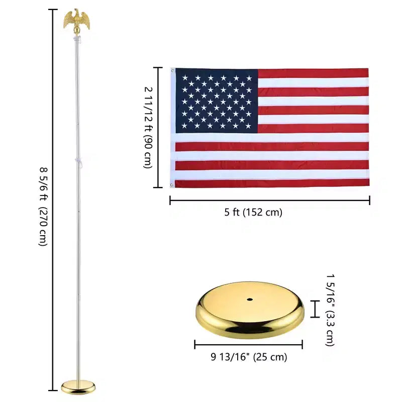 Yescom 8 Ft Sectional Indoor Flag Pole Kit Base Eagle Finial Aluminum 3x5 Ft US Flag Silver