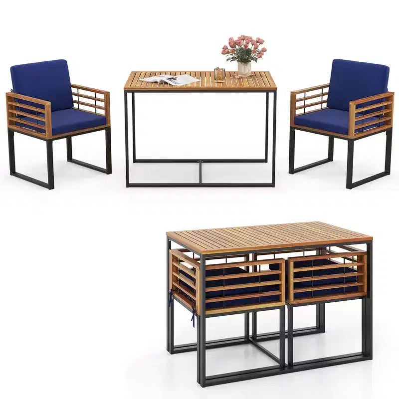 Costway 3 PCS Patio Dining Table Set with Bistro Chairs Large Coffee Table Seat Cushions