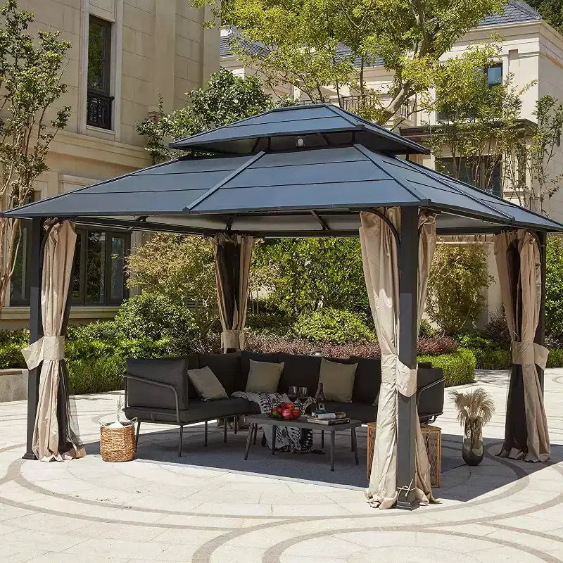 EROMMY 12 x 14 FT Iron Hardtop Gazebo, Double Waterproof Gazebo with Curtains and Netting