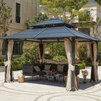 EROMMY 12 x 14 FT Iron Hardtop Gazebo, Double Waterproof Gazebo with Curtains and Netting