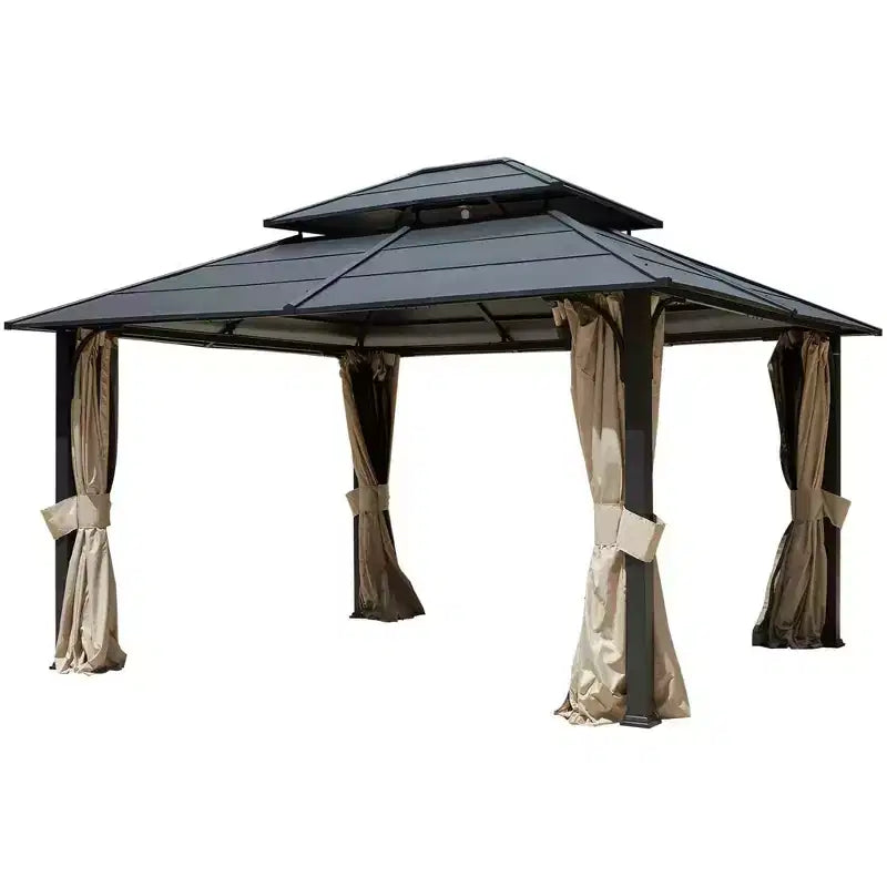 EROMMY 12 x 14 FT Iron Hardtop Gazebo, Double Waterproof Gazebo with Curtains and Netting